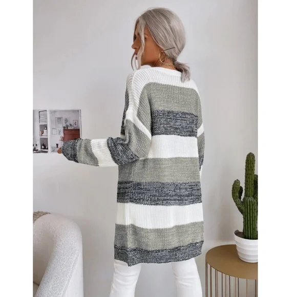 Colorblock Stripes Open Knit Cardigan Knee Length - Picture 4 of 9